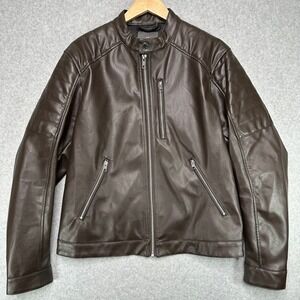 H&M Mens Faux Leather Moto Jacket Brown Zip‎ Up Stand Collar Size L NEW